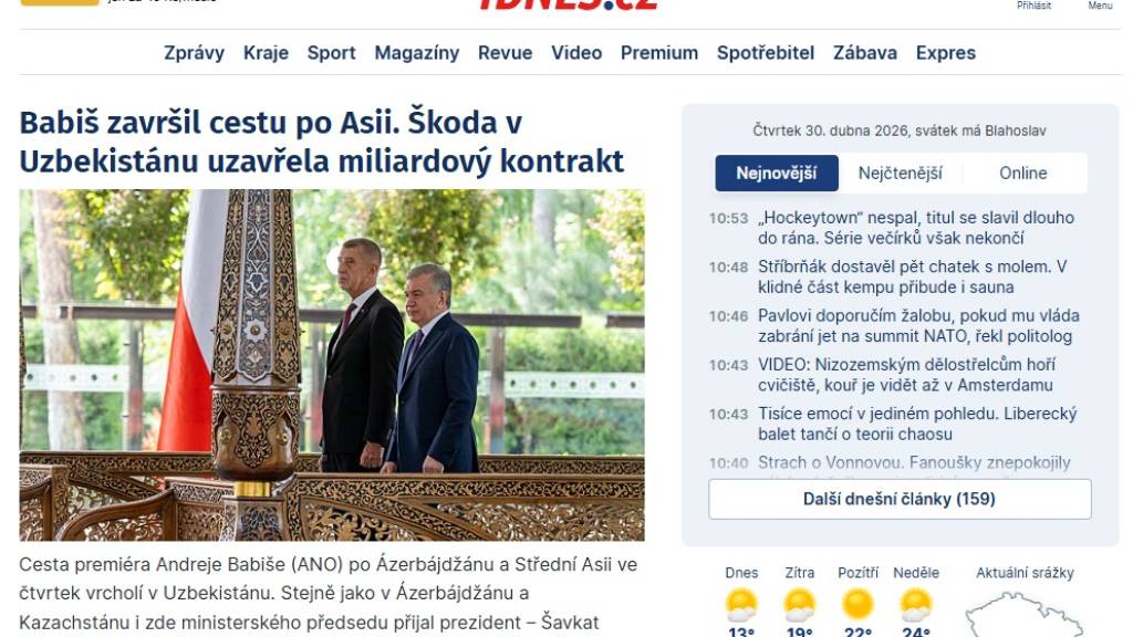 iDNES: Чехия – Ўзбекистон ҳамкорлиги янги босқичга кўтарилмоқда