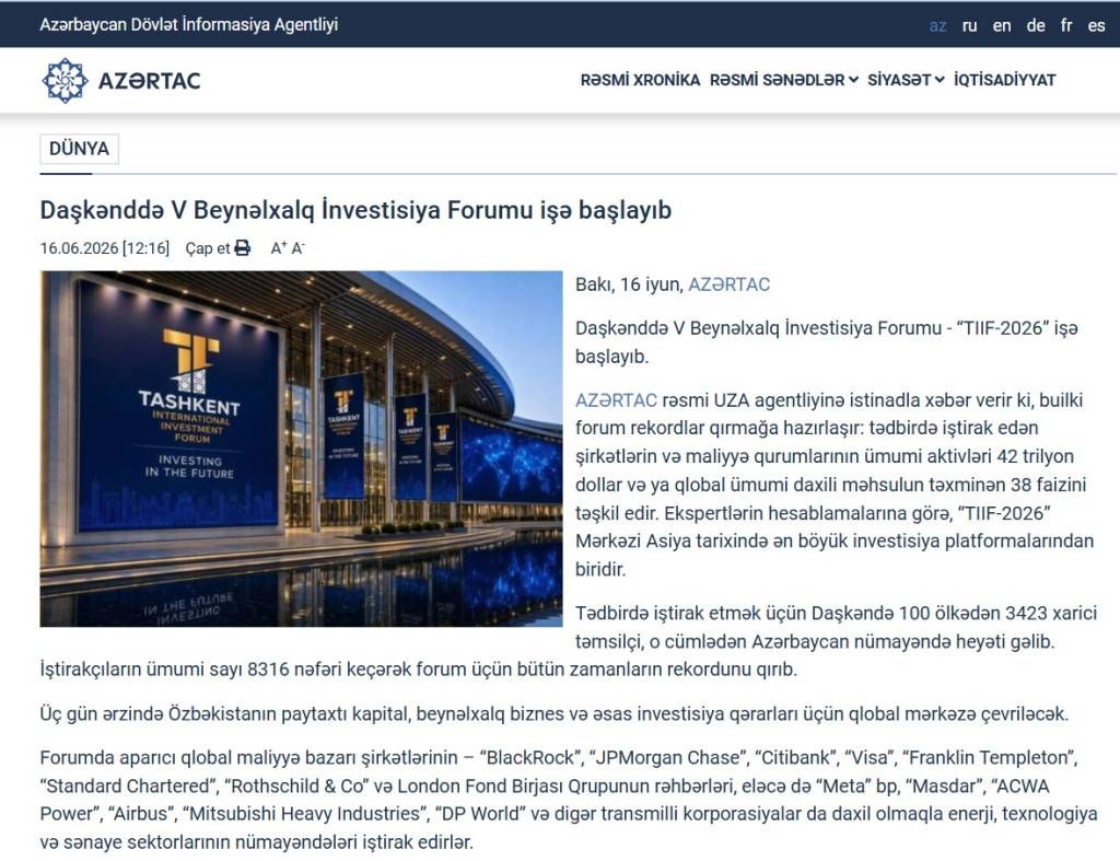 “АзерТАЖ”: Тошкент халқаро инвестиция форуми рекорд кўрсаткичлар билан глобал эътибор марказида