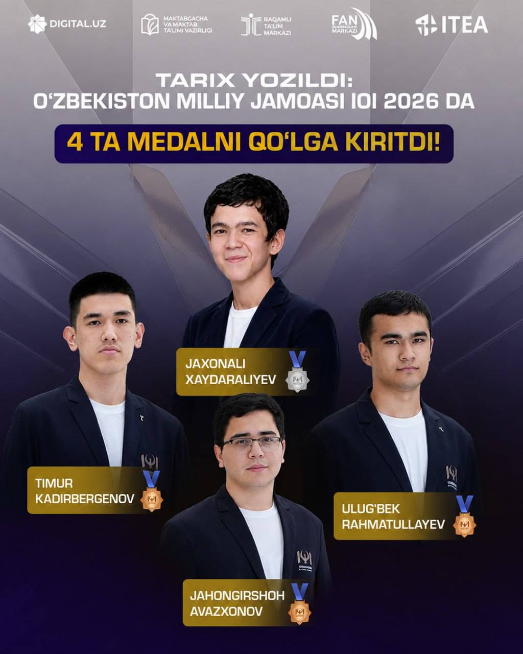 O‘zbekiston milliy jamoasi 38-Xalqaro informatika olimpiadasida 4 ta medalni qo‘lga kiritdi