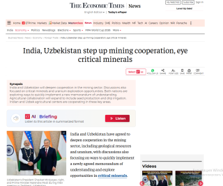 The Economic Times: Ҳиндистон ва Ўзбекистон муҳим минераллар бўйича ҳамкорликни чуқурлаштиради