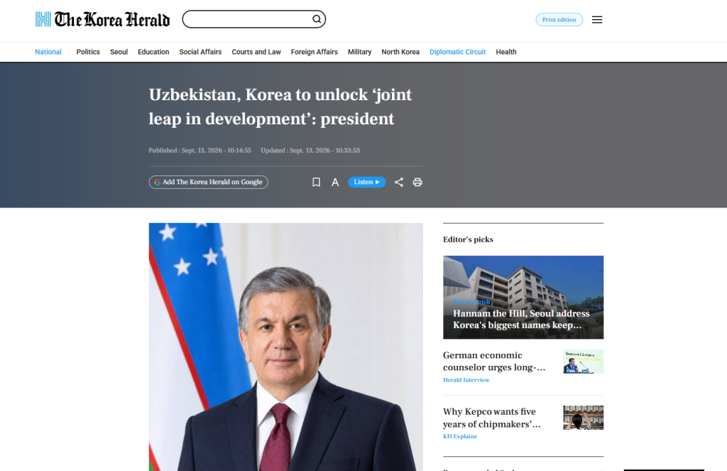 “The Korea Herald” нашри Шавкат Мирзиёев интервьюсини эълон қилинди