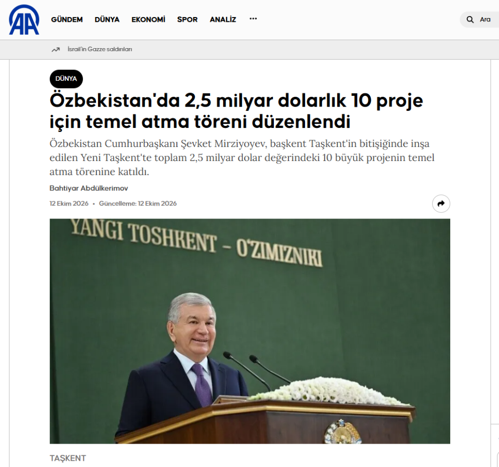 “Anadolu”: Янги Тошкентда 2,5 миллиард долларлик 10 та йирик лойиҳага старт берилди