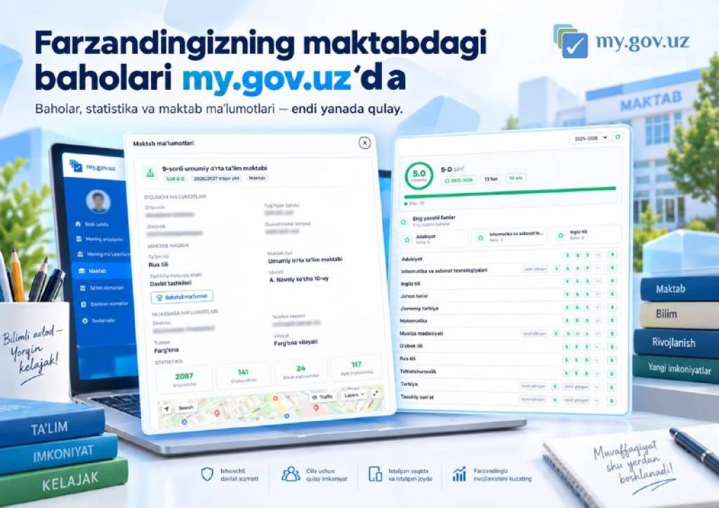 Ota-ona farzandining baholarini "MyGov" orqali bilib olishi mumkin