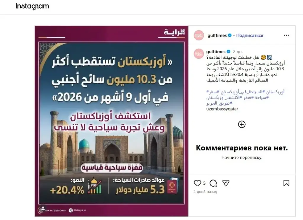 "Gulf Times" нашри Ўзбекистоннинг сайёҳлик салоҳияти ҳақида материал чоп этди